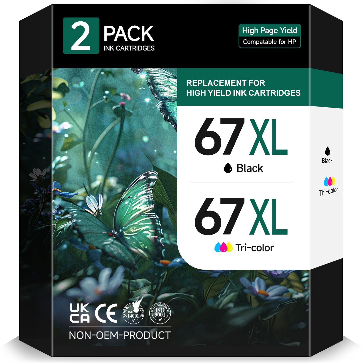 67 Ink Cartridge Compatible for HP 67 67xl Ink Cartridges - Black Tricolor (2 Pack)