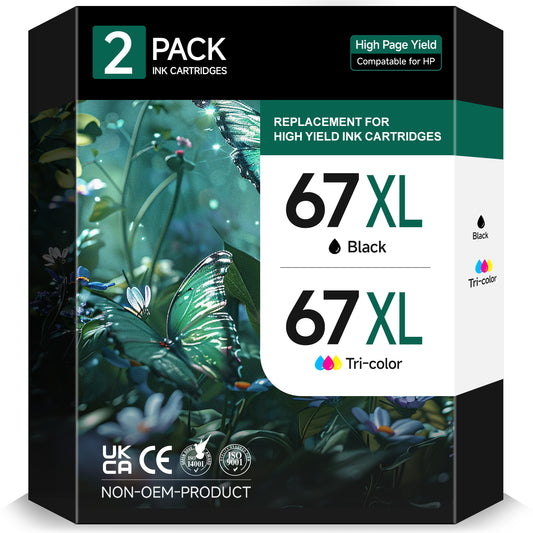 67 Ink Cartridge Compatible for HP 67 67xl Ink Cartridges - Black Tricolor (2 Pack)