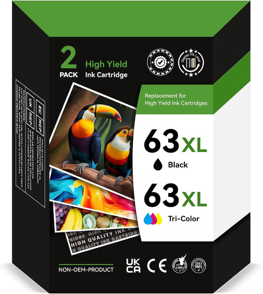 63 Black/Tri-color Ink Cartridge for HP 63 63XL Ink Cartridge, (2-pack)